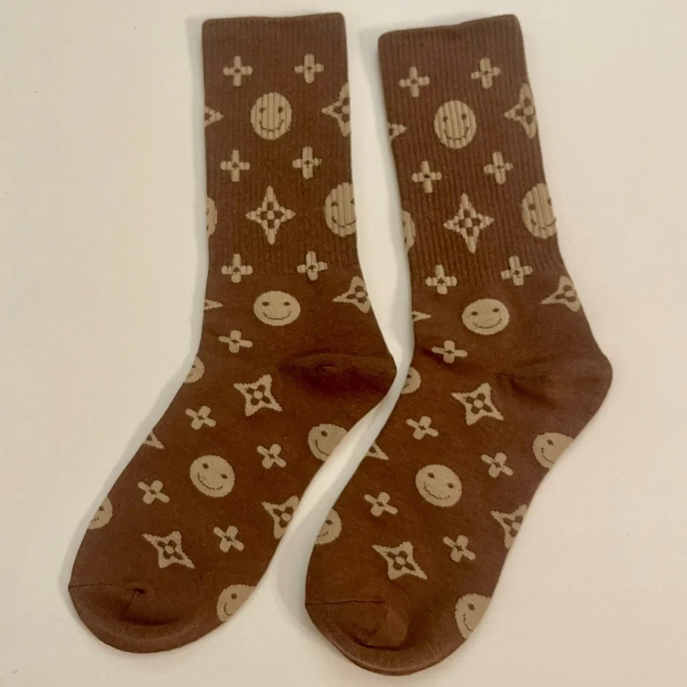 Brand New | Monogram Smiley Face Crew Socks - Brown & Tan